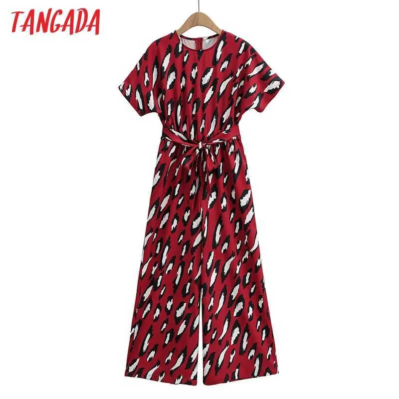 Tangada Women Red Leopard Print Chiffon Jumpsuit Summer Short Sleeve with Slash Female Casual Jumpsuit 1F96 210609