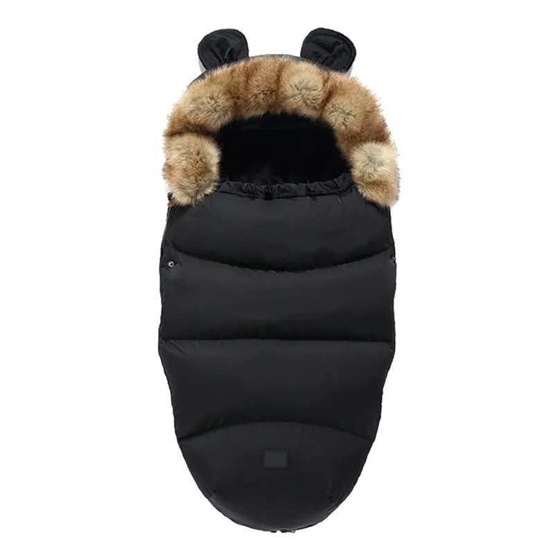 Footmuff For Stroller Winter Warm Envelope Sleepsack Detachable Fur Collar Black Diaper Changing Baby Sleeping Bag 211023