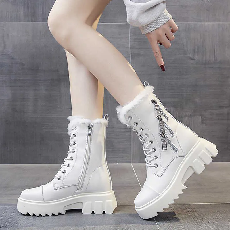 Vinter läder Vit Snö Stövlar Kvinnor Skor Kvinnor Tjock Sole Mode Varm Plysch Vattentät Booties Botines Mujer Femmes Bottes Y0905