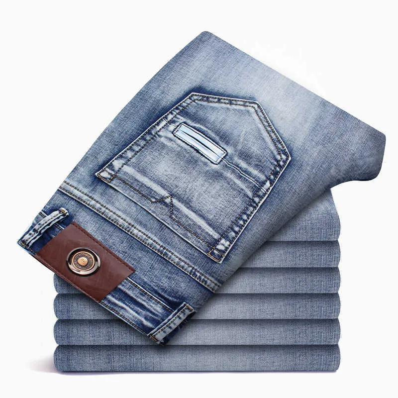 Qualität Slim Jeans Männer Klassische Mode Elastizität Denim Hosen Hellblau Gewaschen Marke Casual Hosen Männlich Plus Größe 40-46 210622