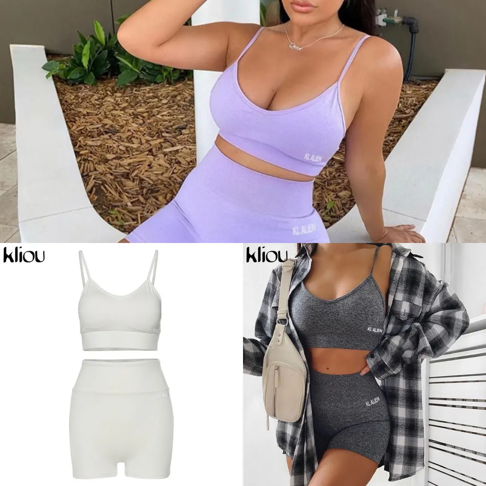 Kliou reflektierender Briefdruck aus Baumwolle, 2-teiliges Set für Damen, Biker-Shorts, V-Ausschnitt, Crop-Top, ärmellos, lässige Outfits, Sommermode, X0428