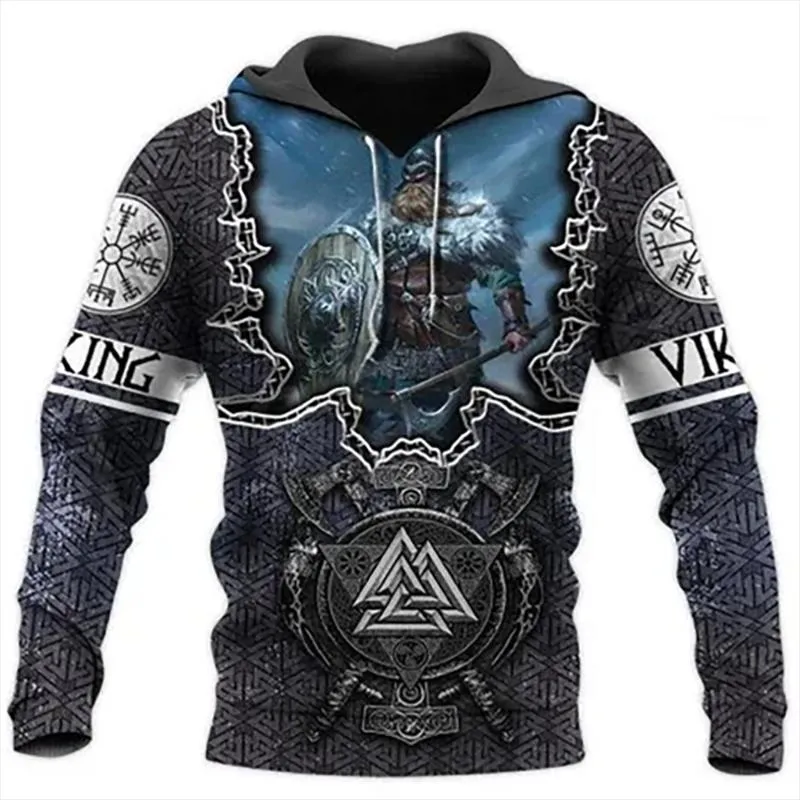 Herren Hoodies Sweatshirts Nordeuropa Wikinger Symbol Bedruckt Lässiger Harajuku-Stil Kapuzenpullover Jacke Herbst Übergroßes Sweatshirt