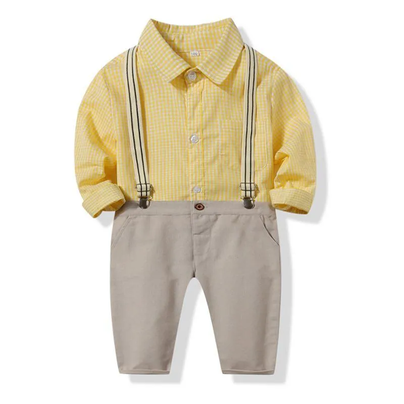 Ensembles de vêtements Kimocat Baby Garçon Costume à manches longues, chemise de combinaison à carreaux jaune + pantalon suspendrier costume décontracté 6 mois-3 ans