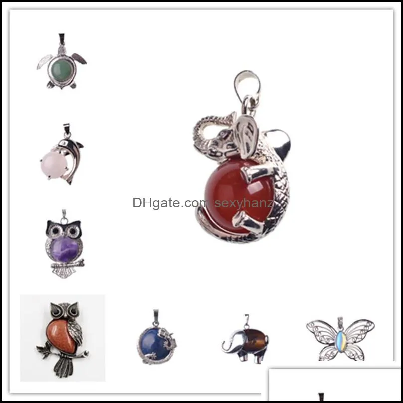 12 pcs Assorted Antique Silver Mixed Style Charms Gemstone Pendants Turtle Owl Peacock Animals Shape Healing Chakra Beads Crystal