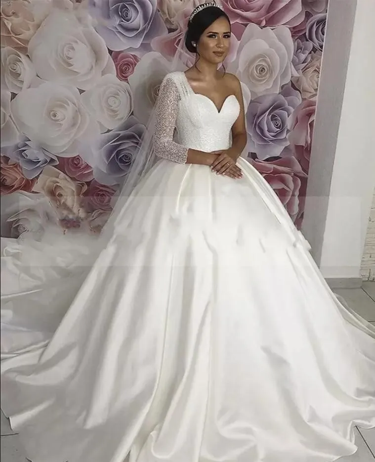 Sequin Satin One Shoulder Line A Wedding Dress With Long Sleeves Perfect  For Special Occasions Vestidos De Novia From Magicdress009, $161.11 |  DHgate.Com