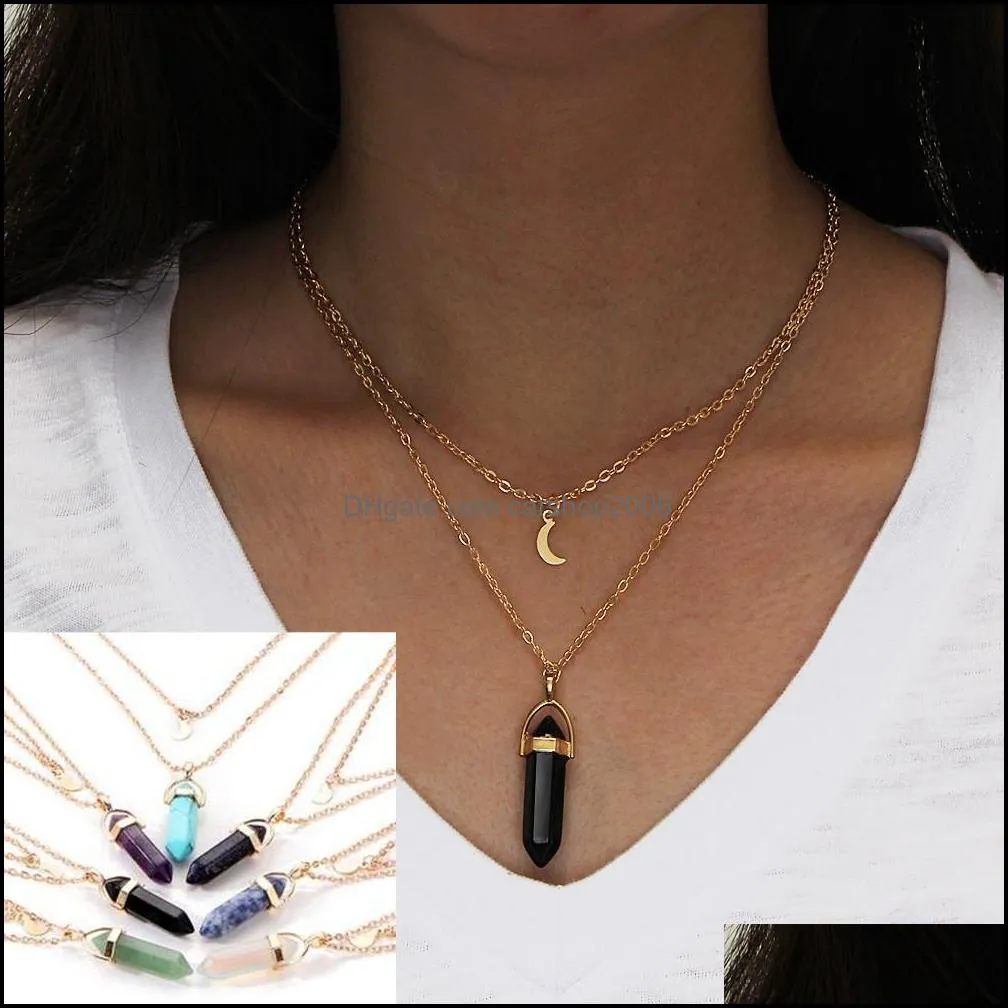 Fashion Womens Necklace Gold Chain Natural Stone Hexagonal Column Pendants Statement Chokers Necklaces Quartz Healing Crystals