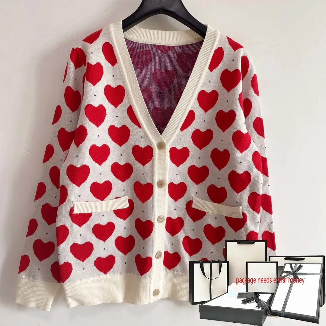 2023 Kvinnor Sticked Cardigans Coat Love Shape Printed Tops Fashion V-Neck Button Lady Knits Casual Elegant Lady Sweater Jacket