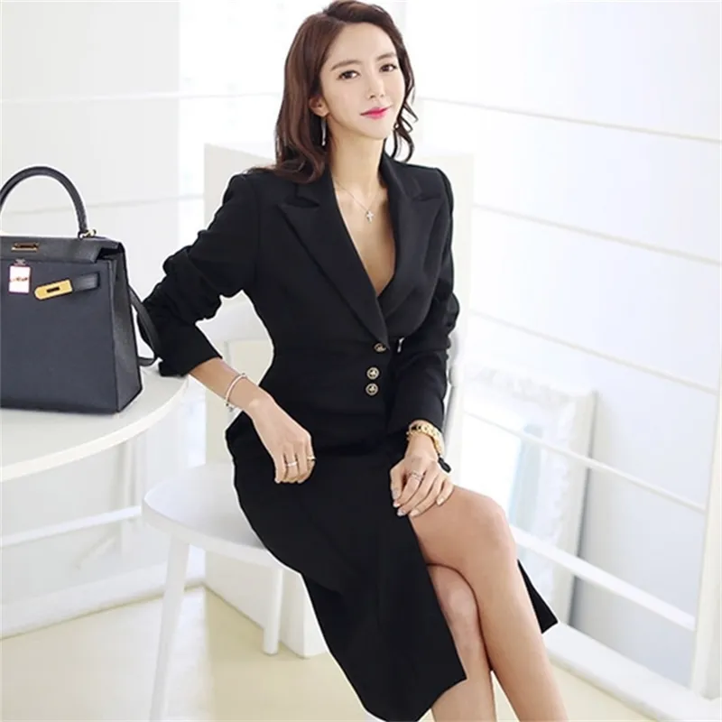韓国のノッチ首のスーツの春の摩耗韓国のノッチ首のスーツのドレスの女性ソリッドブラックスプリットドレスビジネスシングルブレストvestidos 210603
