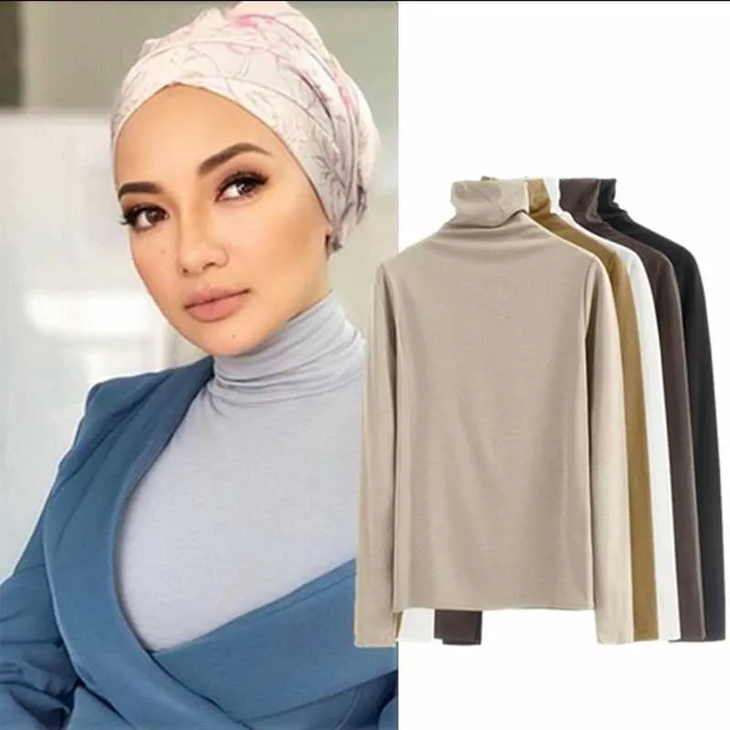 Moslim Dames Diepe-shirt Hoge Hals Lange Mouw T-shirt Effen Kleur Top Y0629