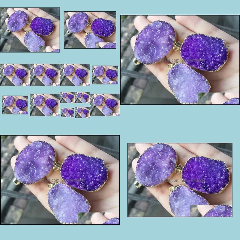 Fashion HOT 6pcs Gold plated Purple Nature Quartz Druzy Geode pendant, Drusy Crystal Gem stone connector Beads, Jewelry findings