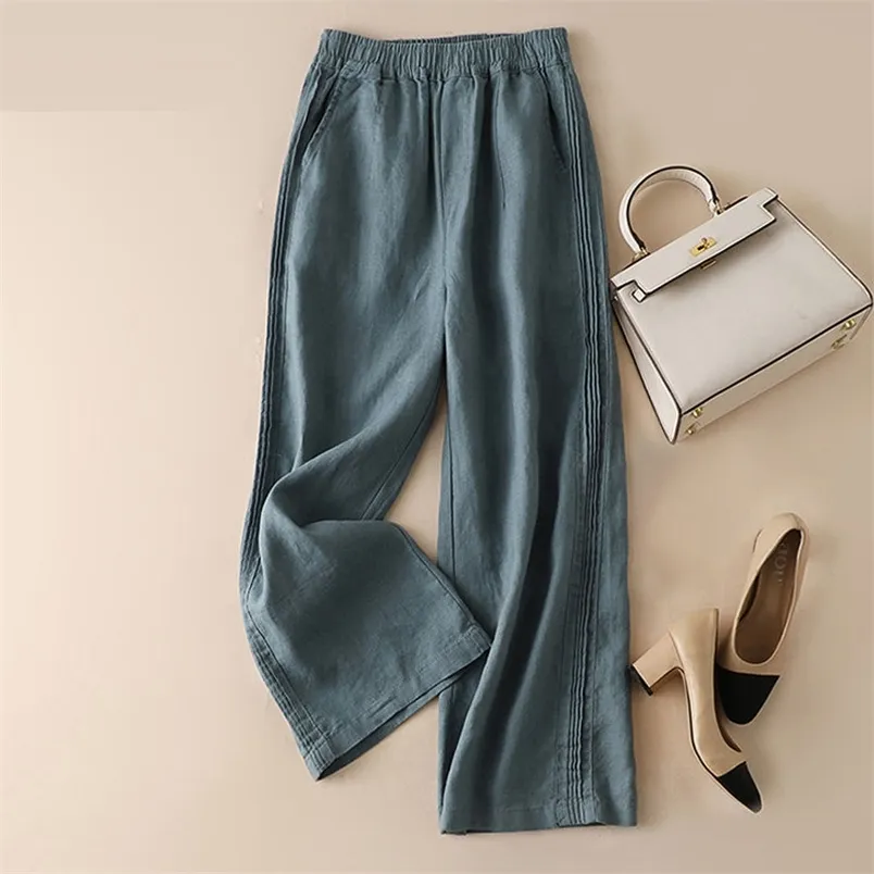 Varış Yaz Sanatları Stil Kadınlar Elastik Bel Gevşek Ayak Bileği Uzunlukta Pantolon Vintage Pamuk Keten Geniş Bacak Artı Boyutu M142 210512