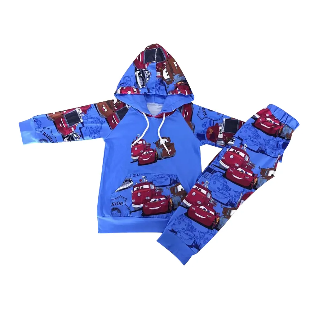 Wholesale kid clothing cute robot car pattern print bell pants girls sets boys hoodie outfits