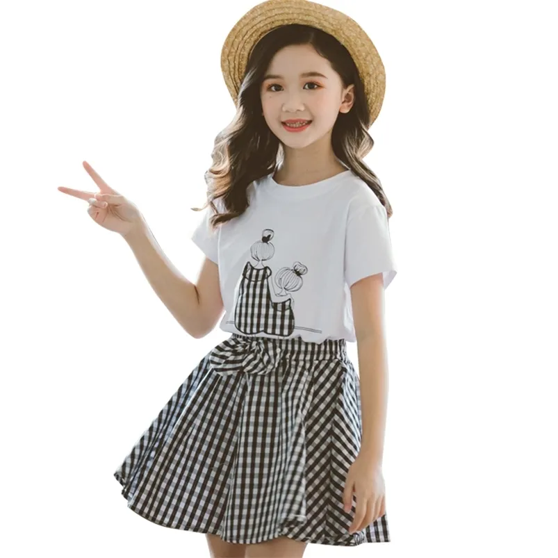 Filles Vêtements D'été T-shirt + Plaid Tenues Courtes Motif Floral Pour Adolescent Arc Costumes Enfants 210527