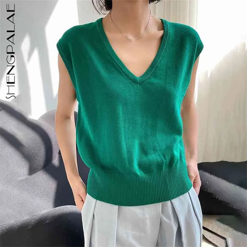 Chaleco de punto verde de verano para mujer con cuello en V fino sin mangas azul pulóver chaleco corto moda femenina 5E133 210427