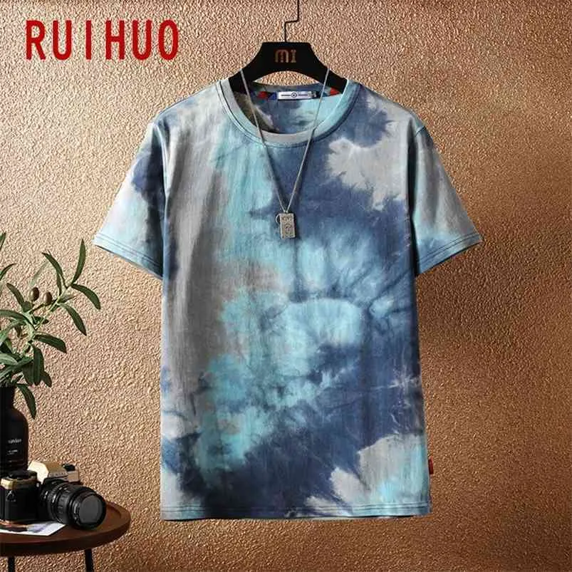 Ruihuo Tie Dye Kortärmad T-shirt Fashion Streetwear Hip Hop T-tröja för män Tshirt Japansk kläder Man M-5XL 210722