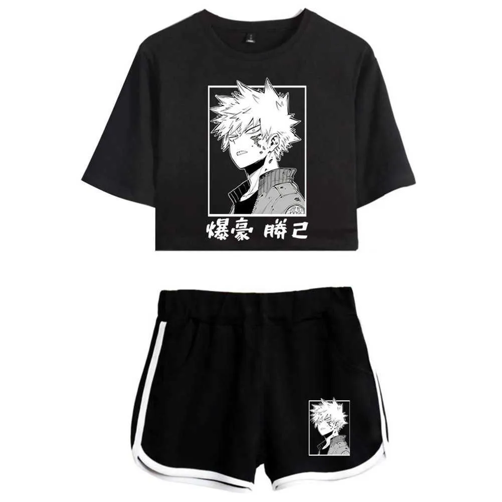 Anime My Hero Academia Bakugou Katsuki Himiko Toga Imprimer Crop Top T-shirt Shorts Deux pièces Ensembles Cosplay Costume Y0903