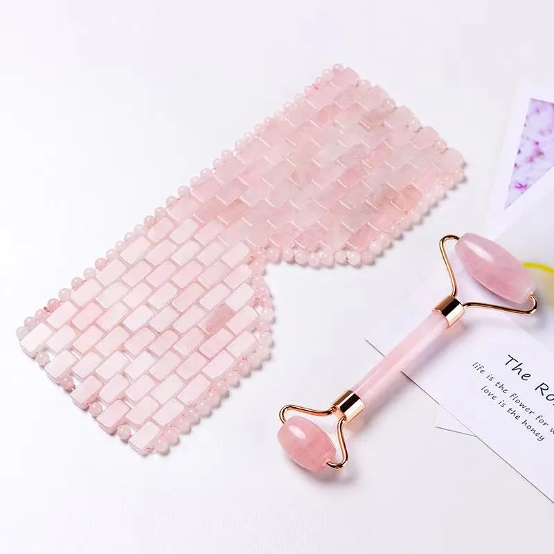 Rose Quartz Face Roller Gua Sha Tool and Eye Mask Set Natural Crystal Facial Scraping Chin Body Massager Cool Relaxing Beauty Healing Stone Skin Detox