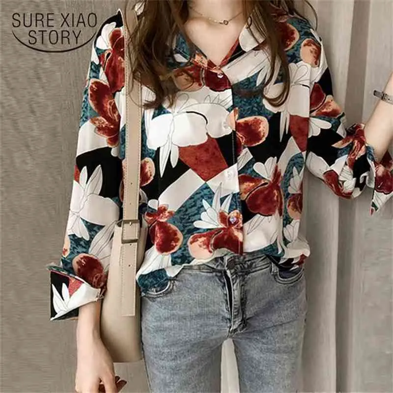 Plus storlek 3xl 4xl Women Blouse Shirt Fashion Toppar och blusar Långärmad Print Ol Blouseblusas 1176 40 210506