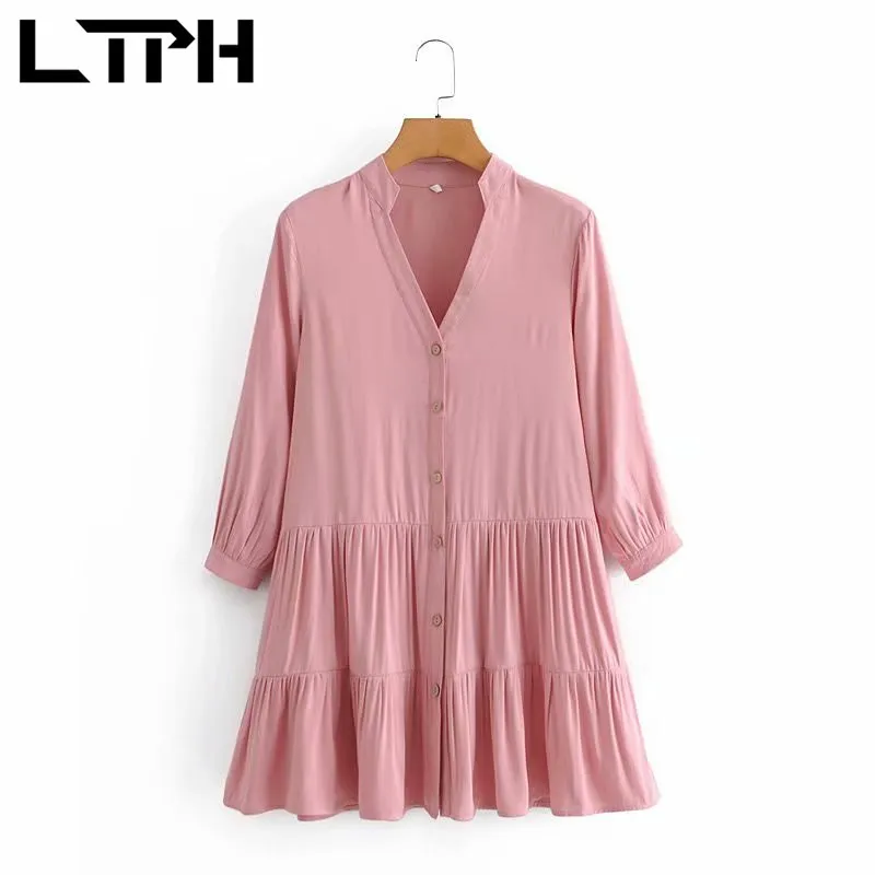 Robe chemise en lin rose lâche décontractée femmes col en V manches 3/4 vintage simple boutonnage élégant robes A-ligne printemps 210427