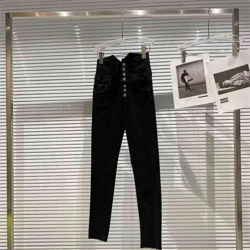 Hiver femmes jeans mode simple rangée bouton en métal taille haute mince en peluche décontracté Denim crayon pantalon RD773 210427