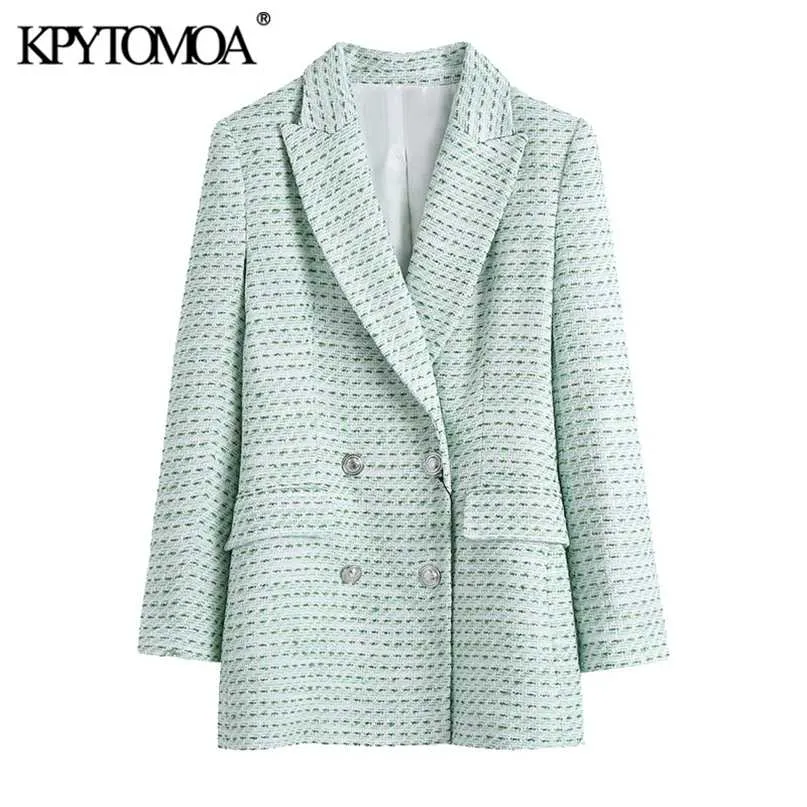 KPYTOMOA Femmes Mode Double Boutonnage Tweed Check Blazer Manteau Vintage À Manches Longues Poches À Rabat Femelle Survêtement Chic Tops 211019