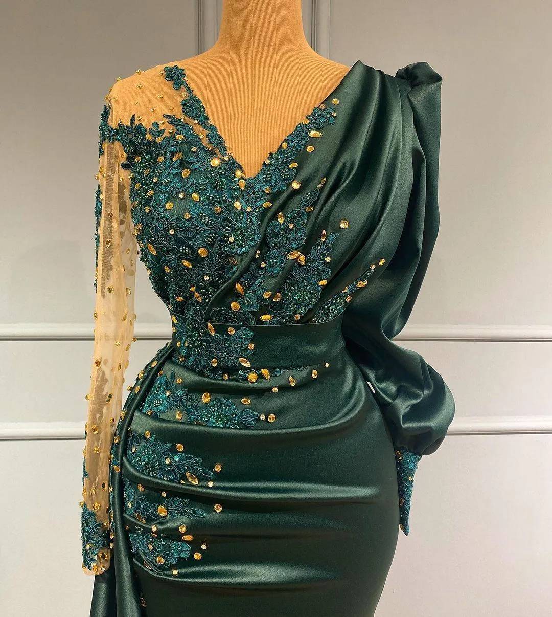 olive green prom dresses 2021 BABARONI BABARONI Acetate Satin Olive Green Bridesmaid Dresses One Shoulder Sweep Train Long Sleeve with Slit Pleated Sheath, Olive Green / US18