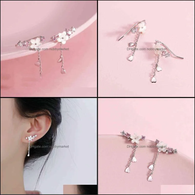925 Sterling Silver Romantic Pink Cherry Blossom Shell Tassel Earrings for Women Girls Party Drop Jewelry Gifts S-e1248
