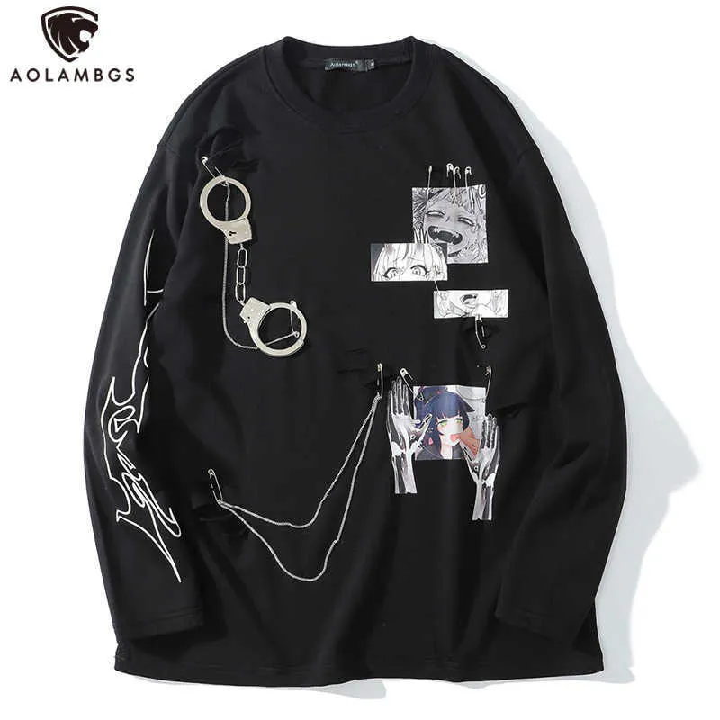 Aolamegs Comics Anime Manga Illustrazione Gancio e Loop Fissaggio a catena Design Sottile Felpa Streetwear Streetwear Uomo High Street Pullover 210707