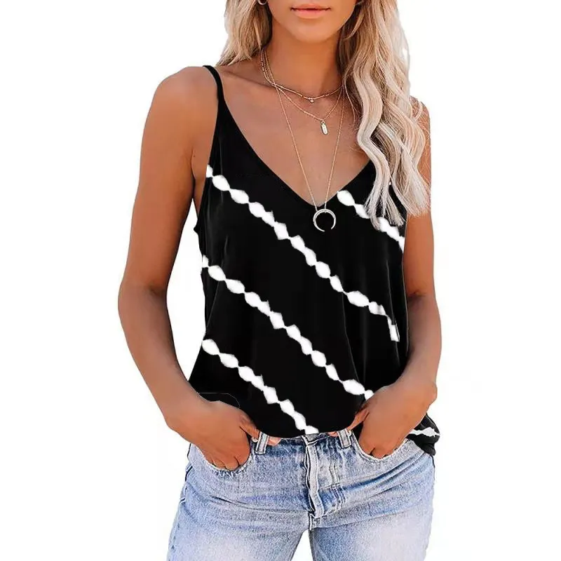 Femmes sans manches Spaghetti Strap Vest Casual V Neck Oblique Striped Tank Tops Summer Basic Loose Camisole Femme Plus Size S-5XL 210507