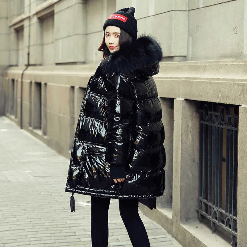 Black patent coat with fur hood deals