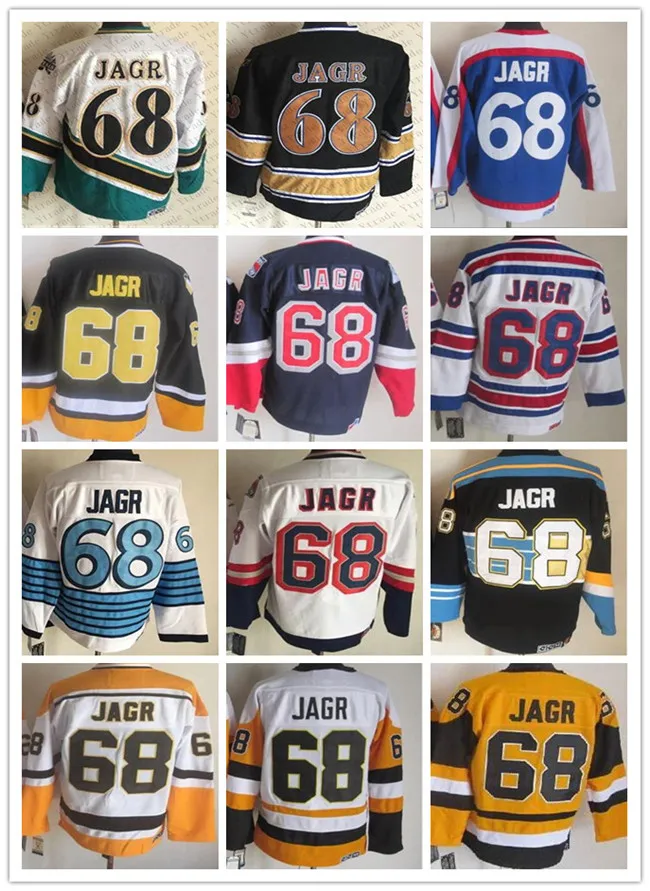Vintage Men s Jaromir Jagr 68 Stitched Ice Hockey Jersey Black Blue Yellow White Polyester