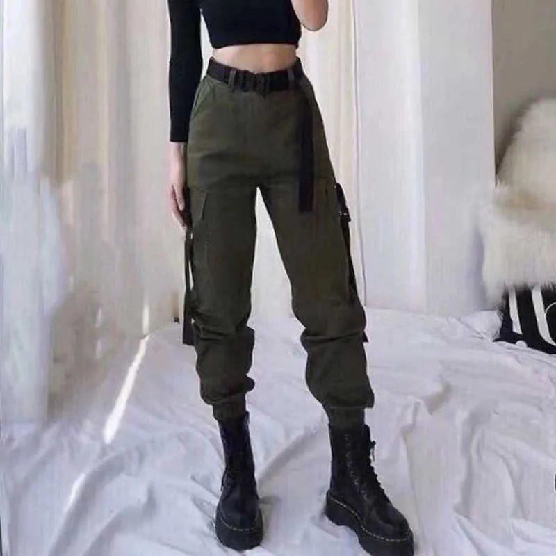 Taille haute Cargo pantalon femmes noir lâche Joggers sarouel femmes Punk Harajuku pantalon Capris pantalon avec ceinture Streetwear Q0801