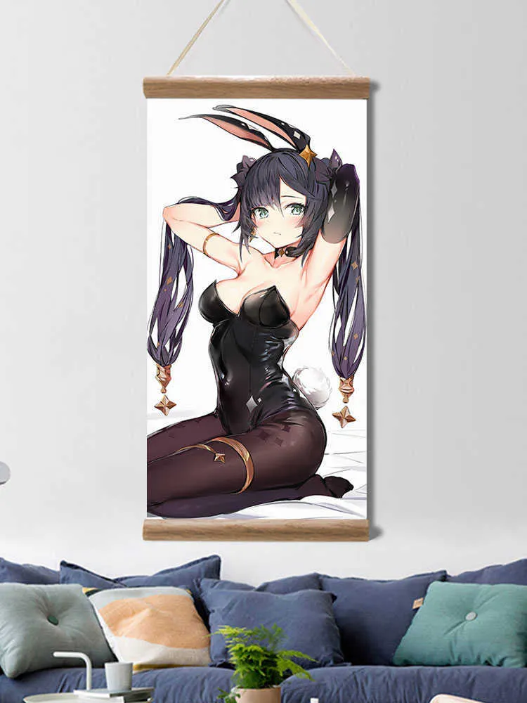 Genshin Impact Poster Mona Keqing Anime Picture Wall Canvas Poster Art Game Scroll Schilderijen voor Woonkamer Decor met Frame Y0927