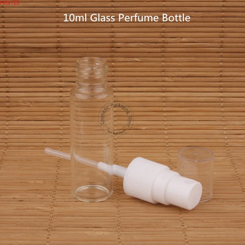100pcs / lot en gros bouteille de parfum de verre de 10 ml avec bouchon en plastique Conteneur cosmétique 1 / 3oz pulvérisable emballage rechargeable Atomizerhood Qté
