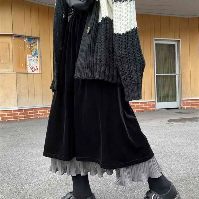 High Waist Skirts Womens Autumn Winter Vintage Wool Skirt Elegant Office Lady Maxi Long Skirt Lace Warm Pleated Skirt 210608