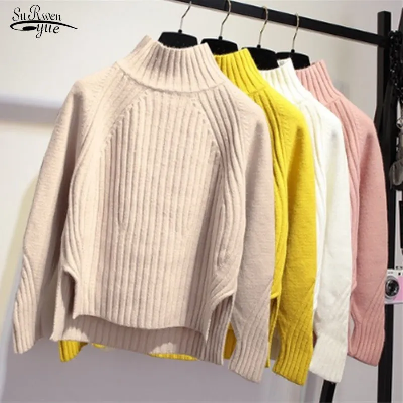 Autumn Winter Long Sleeve Loose O-Neck Solid Cashmere Base Shirt Split Women's Knitwear Turtleneck Short Pullover 11743 210521