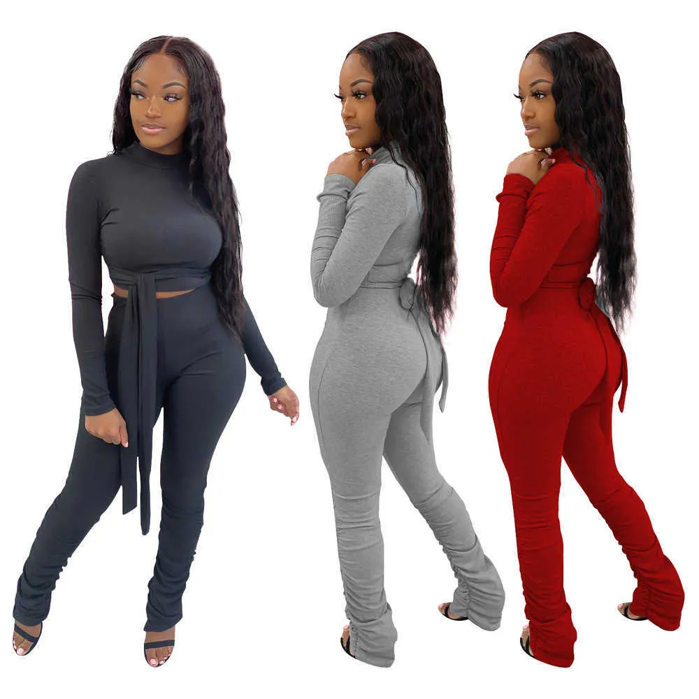 Active Wear Solid Fitness 2 Piece Club Outfit Femme Survêtement À Manches Longues Bandage Crop Top et Stacked Jogger Clubwear Costumes