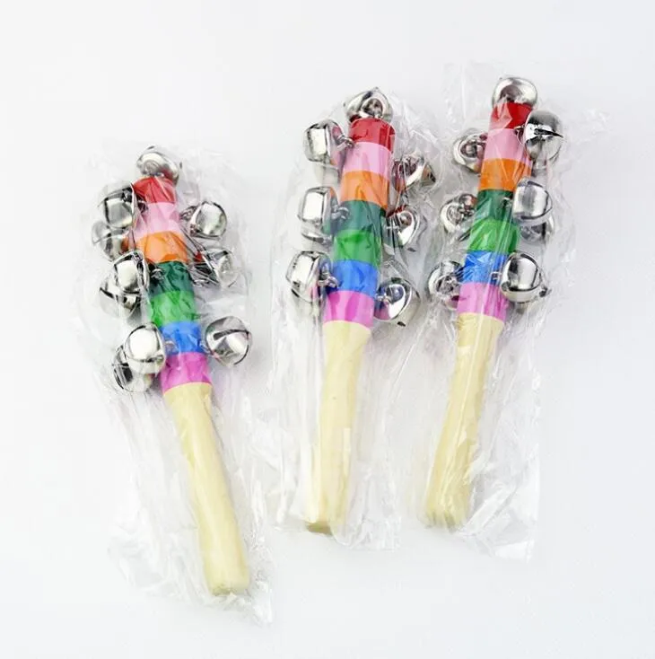 18cm Favore di partito Sonagli Jingle Bells Bastone di legno stile Arcobaleno Stretta di mano Campana sonora Giocattolo educativo per bambini Regalo per bambini