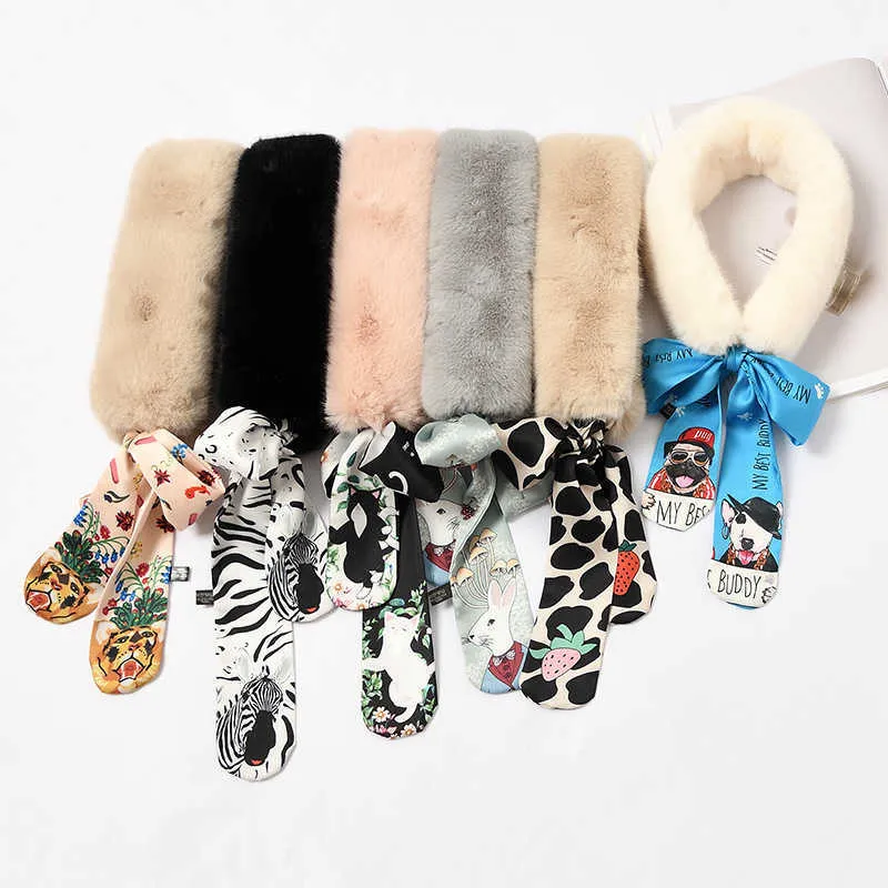 2021 Winter Women Scarf Animal Ribbon Collars Imitation Rabbit Fur Collar Lovely Han Edition Web Celebrity Warm Silk Fashion H0923