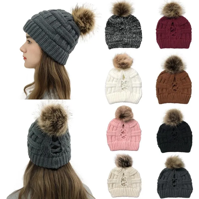 Lovely Fashion Knitted Ponytail Caps Women Pom Pom Ball Ponytail Beanie Winter Warm Wool Knitting Hat Christmas Party Hats Supplies LD71206