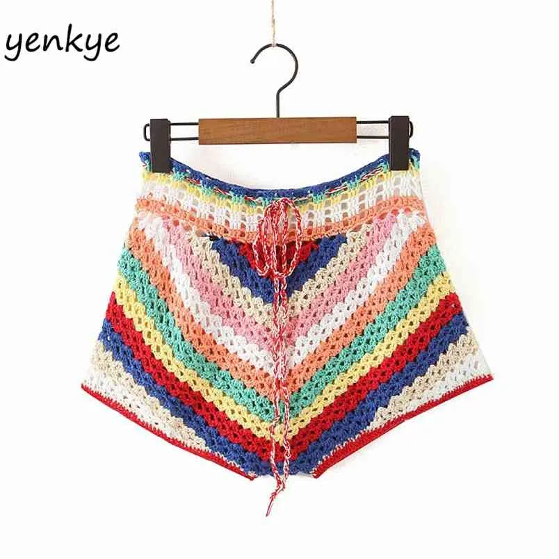Multicolor Striped Knit Crochet Shorts Kvinnor Drawstring Waist Sexig Femme Holiday Sommar Boho Mujer Spodenki Damskie 210514
