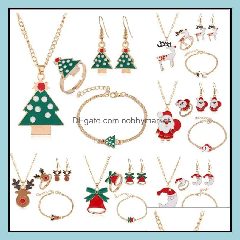Браслет, серьги Ожерелье Ювелирные Изделия наборы Рождества Санта-Клаус Xmas Tree Bells Leas Bracte Ring 4 шт. / Компл. Детские Женщины Девушки Подарочный падение