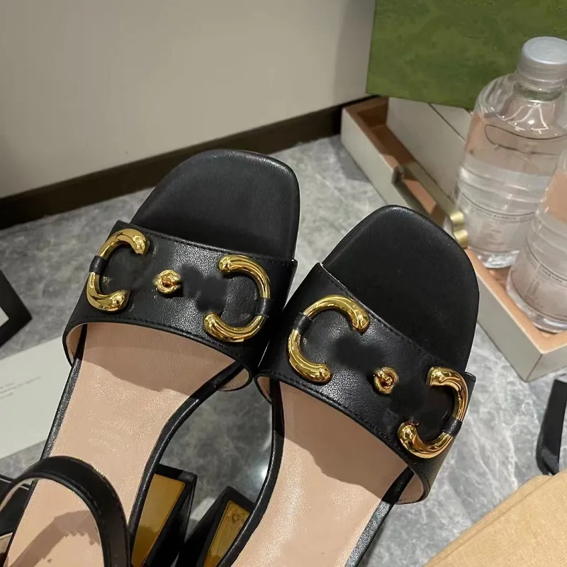 Slides Designer Heels  Sandals for Women dressy summer Luxury Sliders Top Fashion Leather High Heels Chunky White Black Party Banquet Slide Shoes 2021 2022