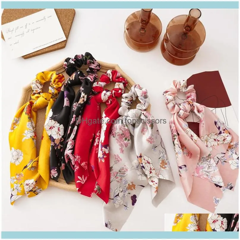 Women Floral Print Ribbon Hair Rope Big Bow Chiffon Streamers Scrunchies Horsetail Ties Accessories Headwear1