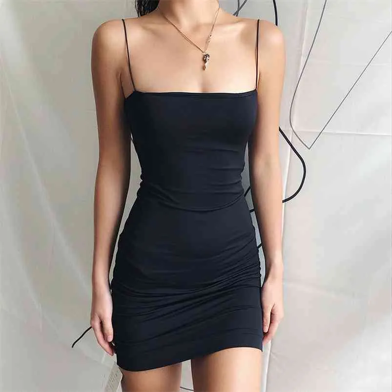 Damska czarna seksowna sukienka spaghetti pasek es solidna wysoka talia osłonę klub lato mini bez rękawów vestidos 210623