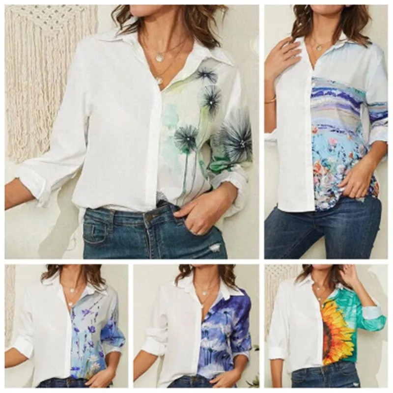 Kvinnor Digitala Trycksaker Mode Trend Vårställ Krage Långärmad Fit Casual Blouses Designer Fommale Loose Print Shirtkläder