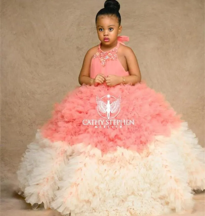 Girl's Dresses Ball Puffy Flower Girl For Wedding Halter Beads Crystal African Girls Pageant Gowns Tiered Skirts Tulle Kids Prom Dress