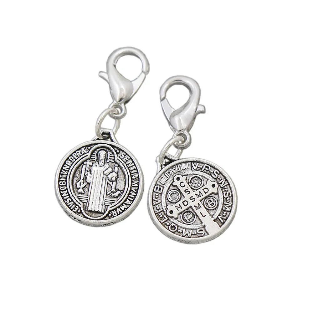 Alloy Catholicism Benedict Medal Cross Clasp European Lobster Trigger Clip On Charm Beads Tibetan silver C504 13.2x29.8mm 150pcs/lot