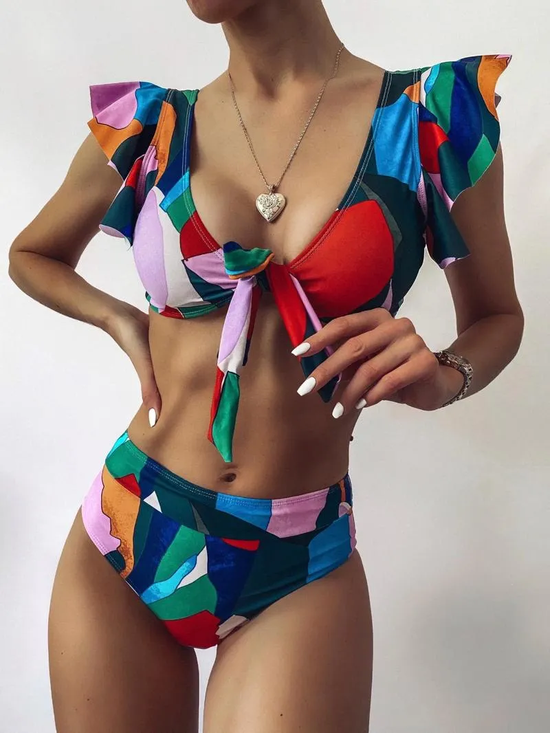 Femmes sexy taille haute bikini maillot de bain maillots de bain bohème bandeau brésilien biquini plage bikinis ensemble maillot de bain femme