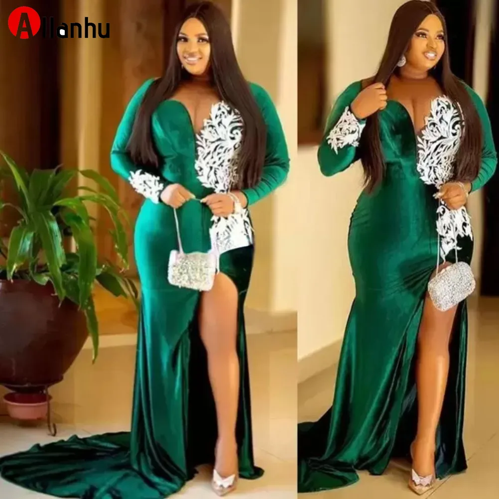 2022 New Plus Size Evening Dresses Arabic Aso Ebi Hunter Green Mermaid Prom Dress Lace Sheer Neck Velvet Formal Party Second Reception Bridesmaid Gowns DD